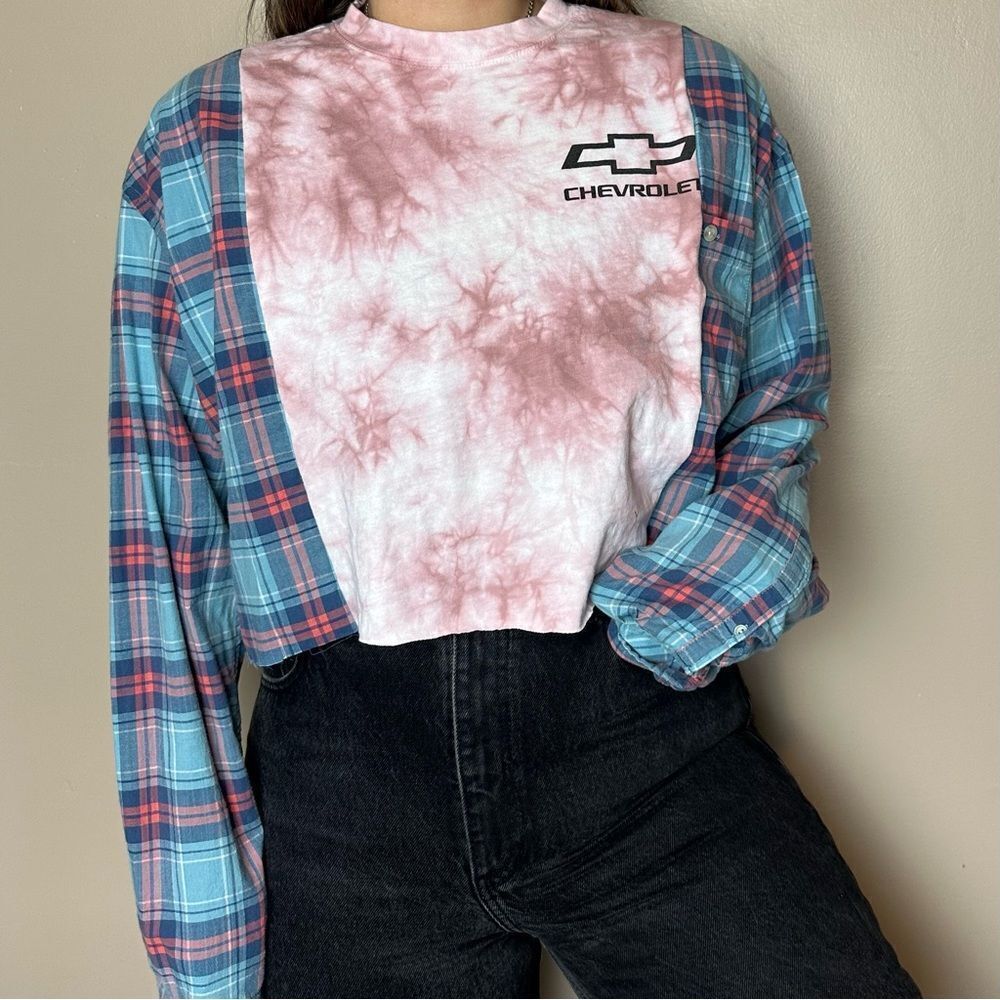 Reworked Upcycled Chevy Truck Pink Tie Dye Long Sleeve Cropped Baggy Shirt Top